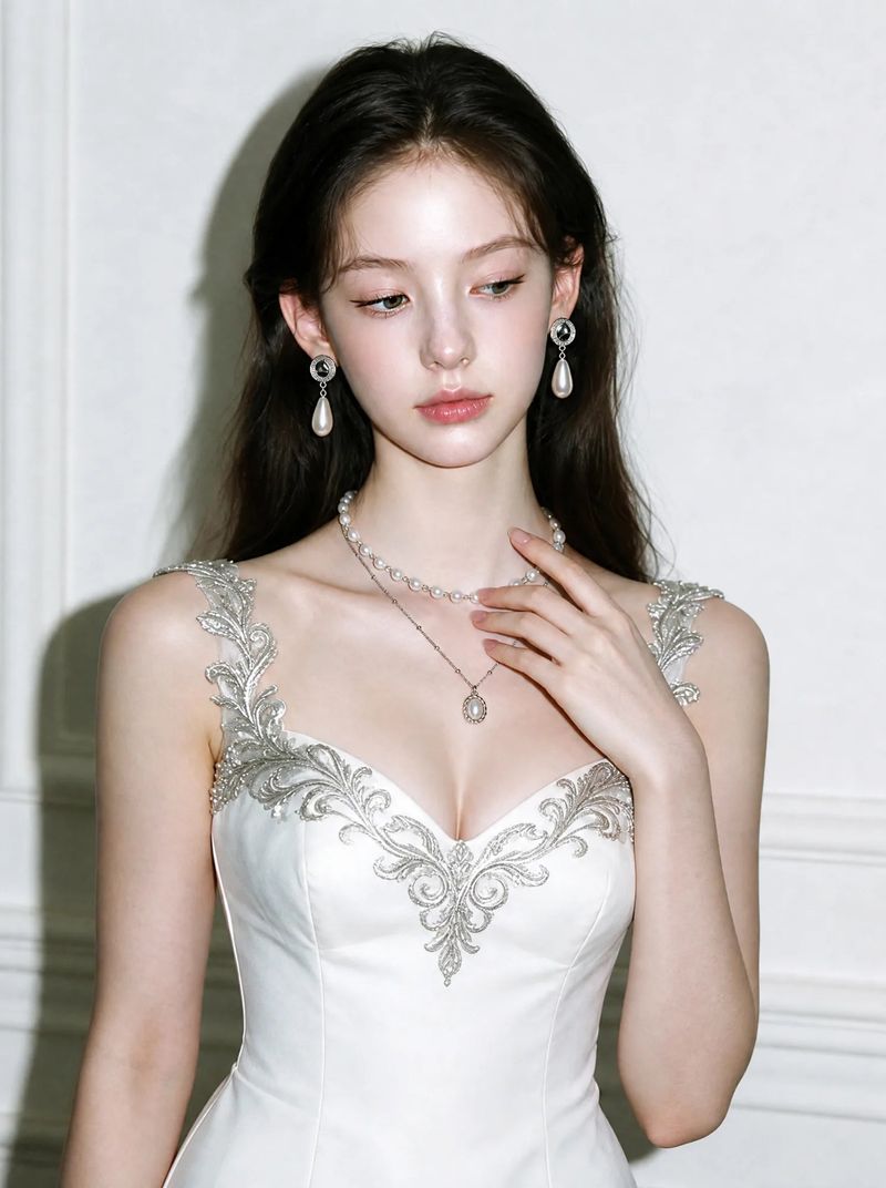 Ethnic Button and Long Pearl Earrings - Silver Color
