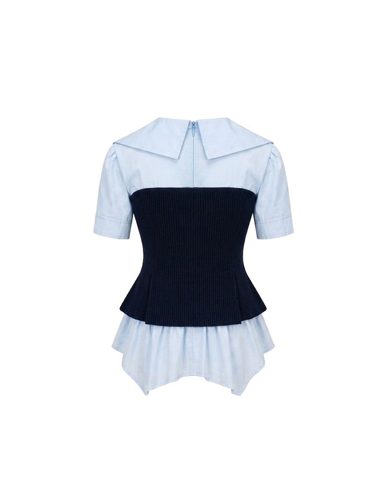 Julie Ribbed Button Bustier Layered Blouse Skyblue