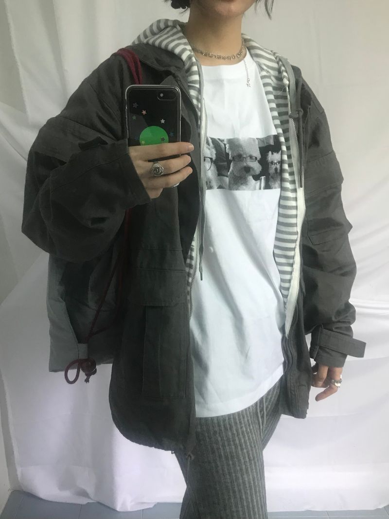 Stripe Semi-Crop Hooded Zip-Up