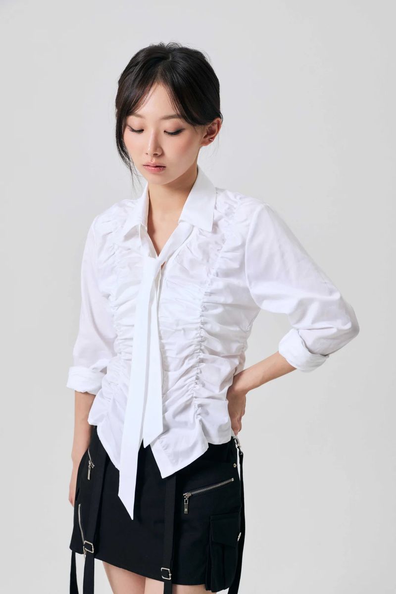 ELISE TIE SHIRRING SHIRT / WHITE