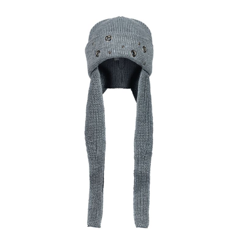 (DUC) Eyelet Stud Earflap Beanie Gray