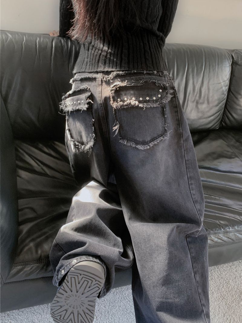 Rough Muse Tassel Ball Stud Wide Long Denim Pants