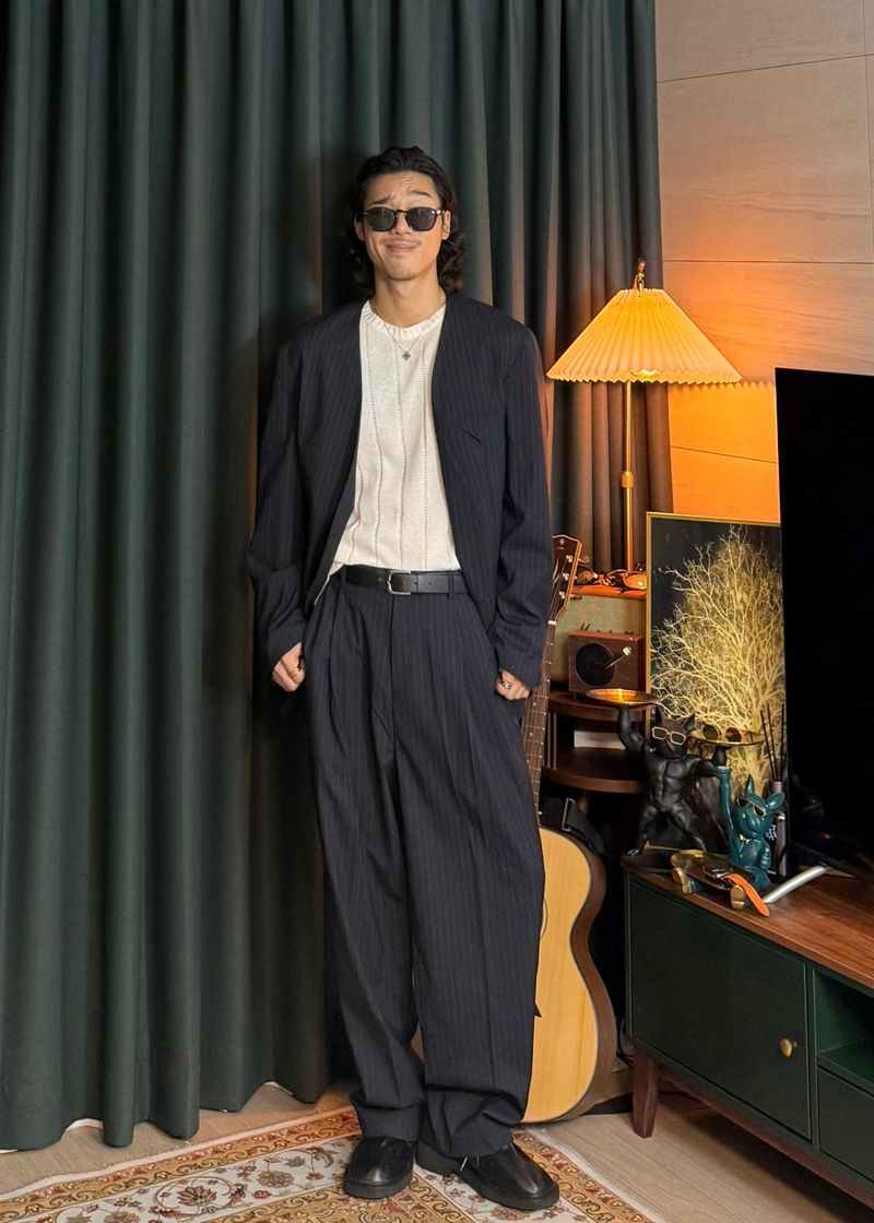No-Collar Striped V-Zip Slacks 2COLOR