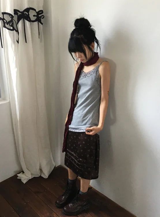 Ebony Flower Pintuck Midi Skirt