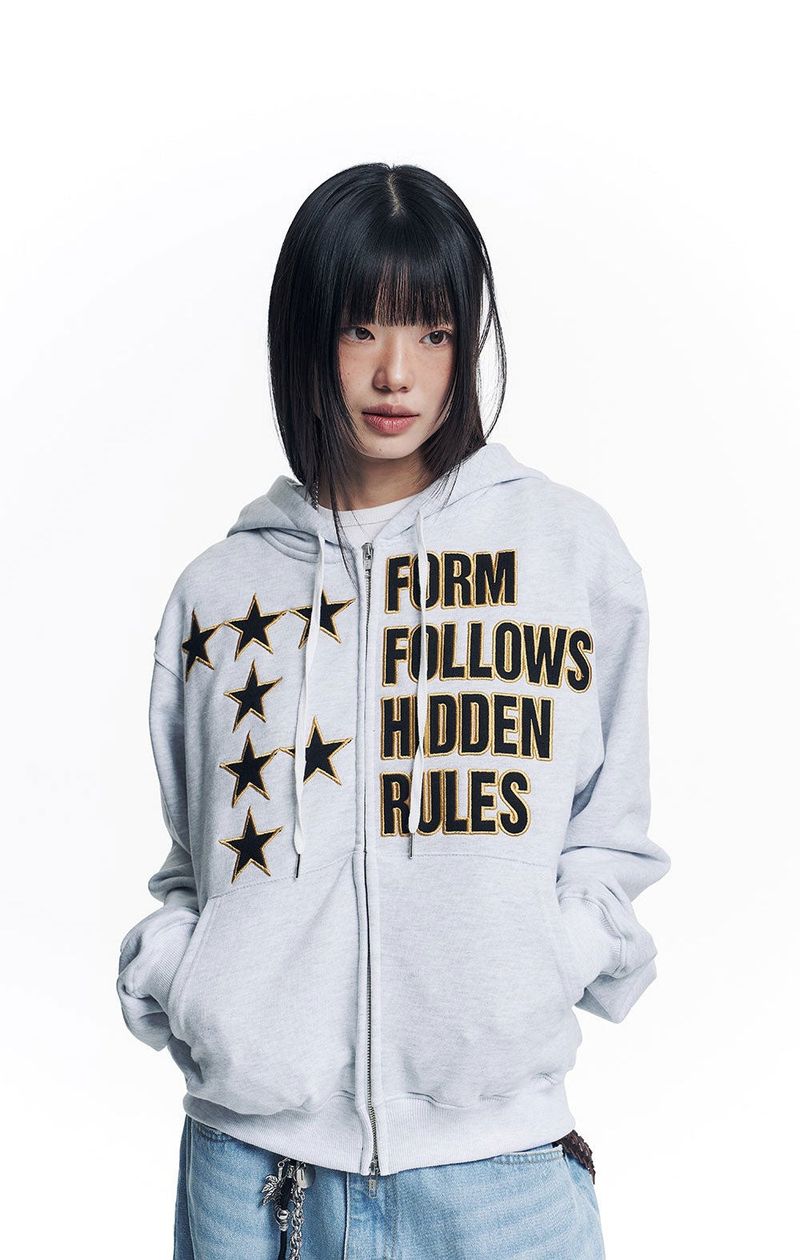 Star Lettering Patch Hoodie Zip-Up - White
