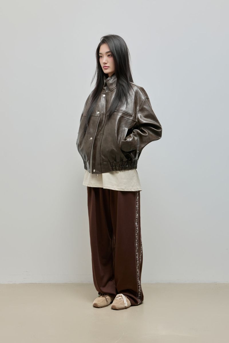 High-neck Leather Jacket_Brown