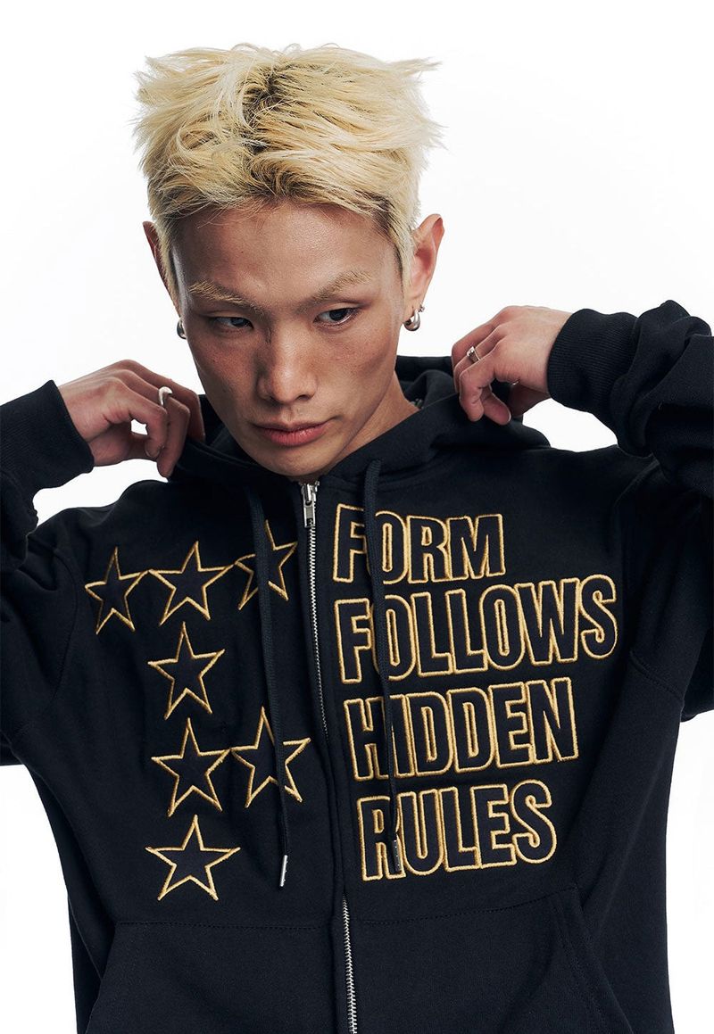 Star Lettering Patch Hoodie Zip-Up - Black
