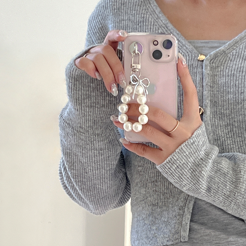 [handmade] silver ribbon pearl keyring (white)