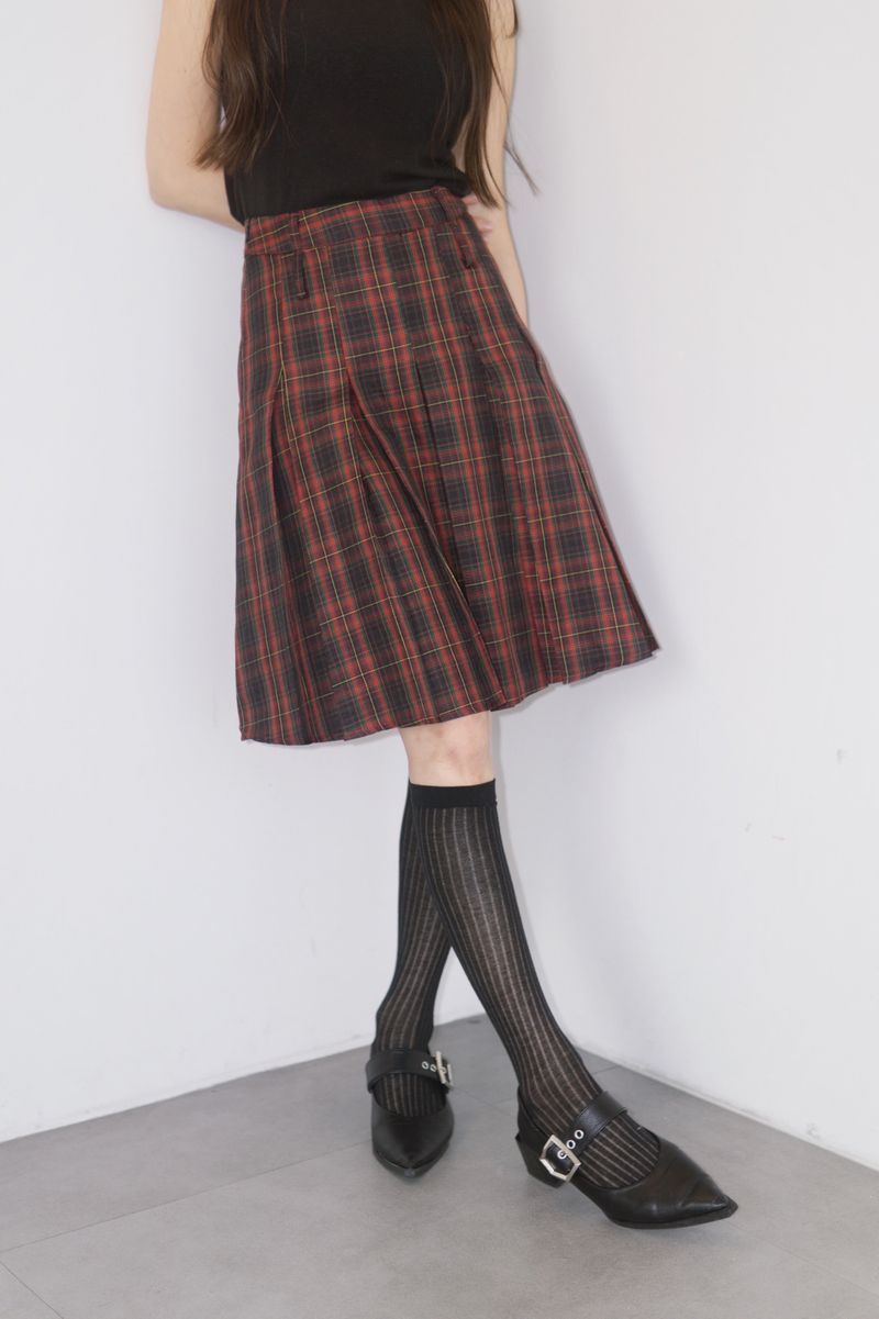 Red Preppy Checkered Midi Pleats Skirt