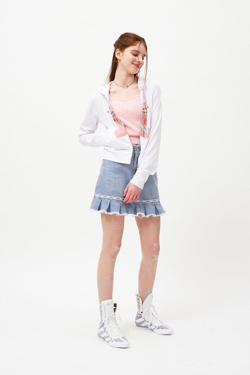 WITTY BUNNY SPLIT GRAPHIC CROP HOODIE ZIP UP [WHITE]
