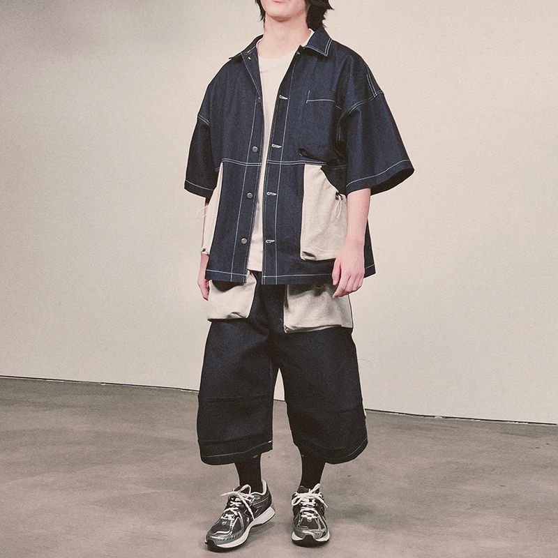 reverse terry pocket denim capri shorts_blue