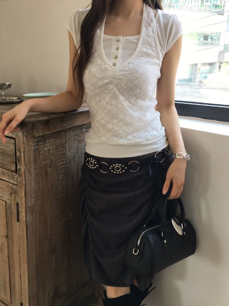 Gather lace halter T