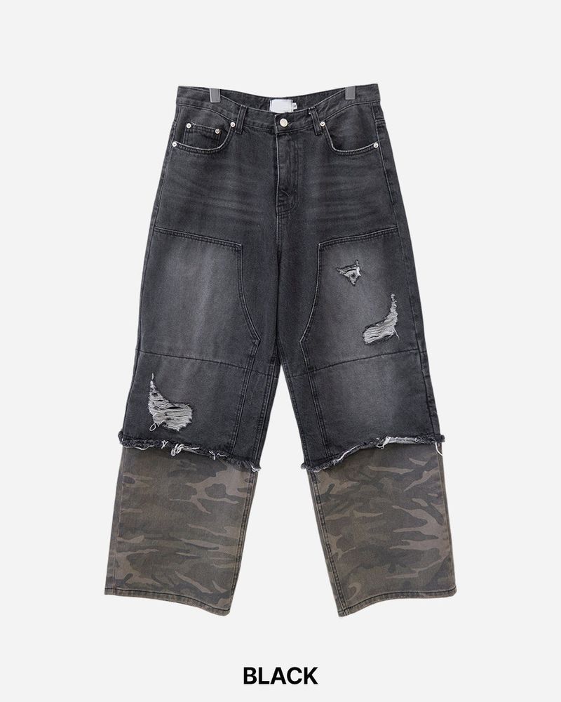 Destroyed Layered Camo Denim Pants