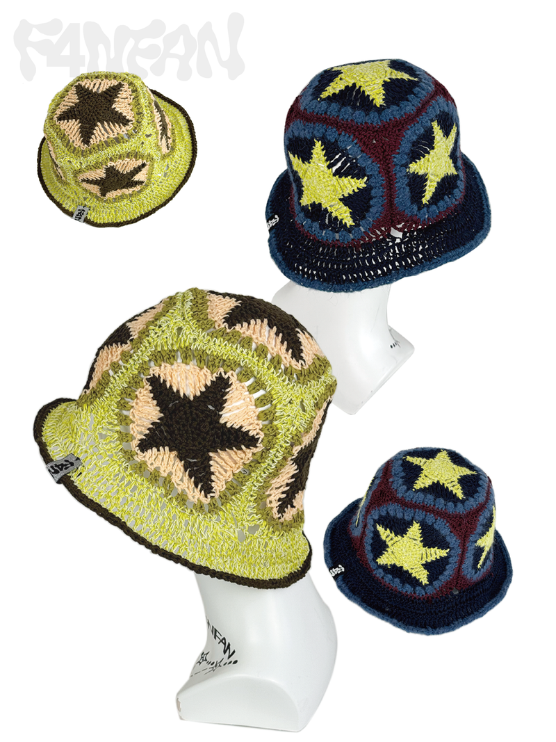 F4NFAN（ファンファン）の「Cotton Linen Raffia Crochet Bucket Hat with Brim and 5 Granny Square Star Patches（Hats）」