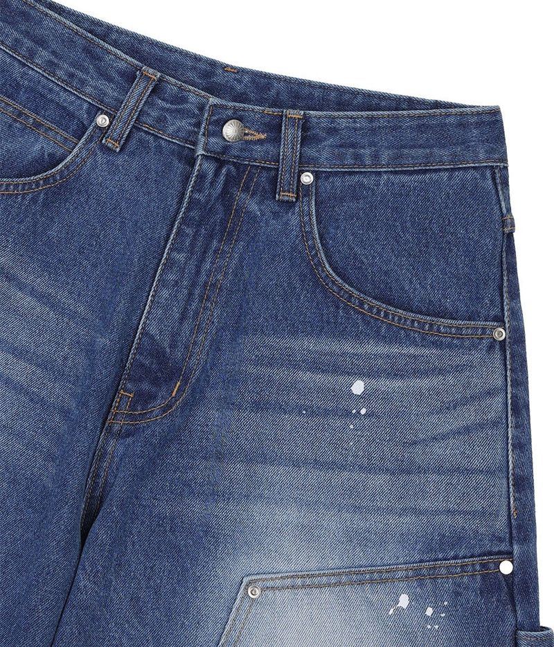Curved Double Knee Denim Pants - Deep Blue