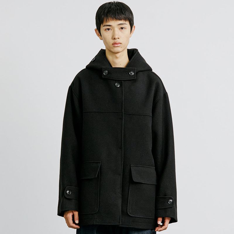 WOOL BLENDED FIELD HOOD COAT BLACK