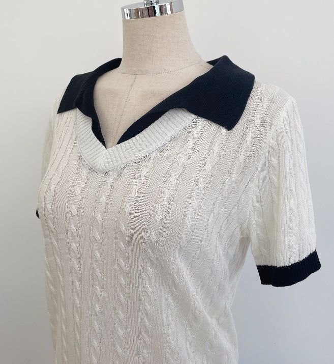 Rael Cable Color Matching Open Collar Knit