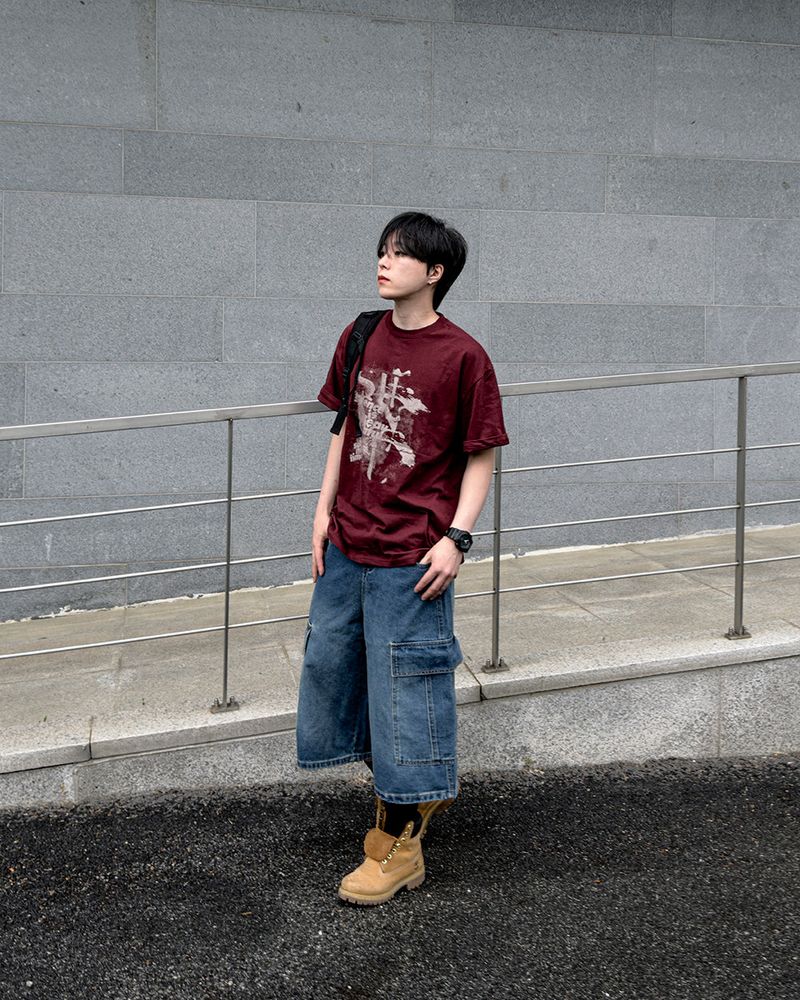Kazen Washed Cargo Bermuda Denim Pants