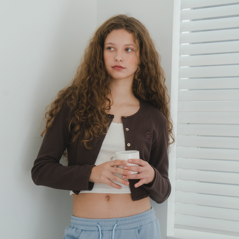 Waffle Crop Cardigan(BROWN)