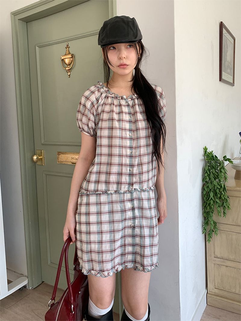 SAGE CHECK FRILL DRESS (2C)