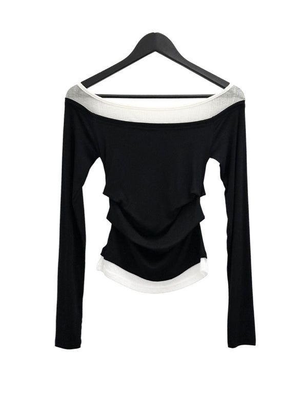 Ribbed Color Matching Layered Pintuck Boat Neck Tee