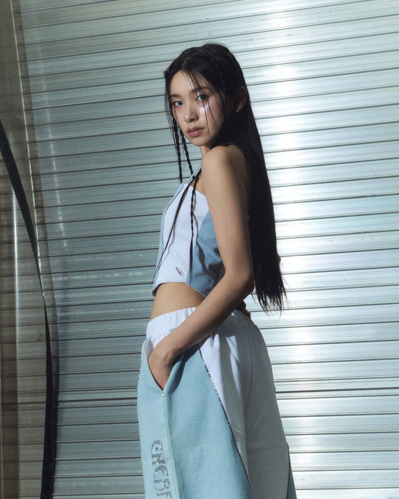 denim combi top - white