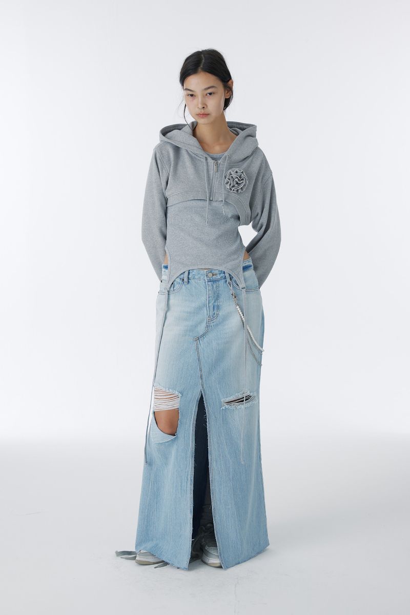 DAMAGED LONG DENIM SKIRT (BLUE)