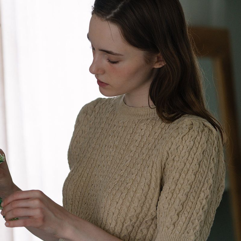 Cable Puff Sleeve Knit - Beige