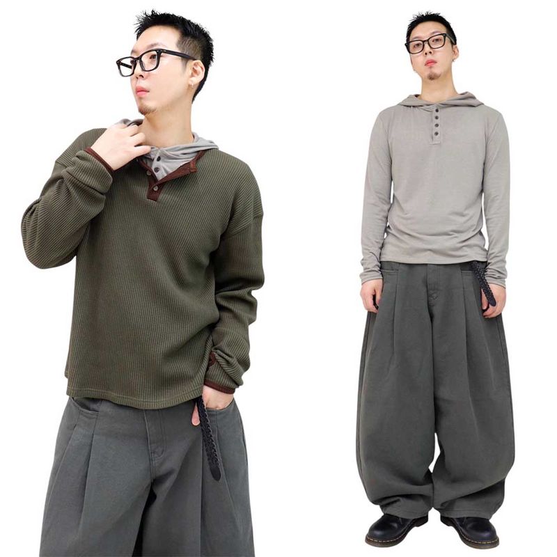 HundoP(ハンドピー)の「Basic Henley Neck Hooded Sleeve Long Sleeve Tee(Tops)」