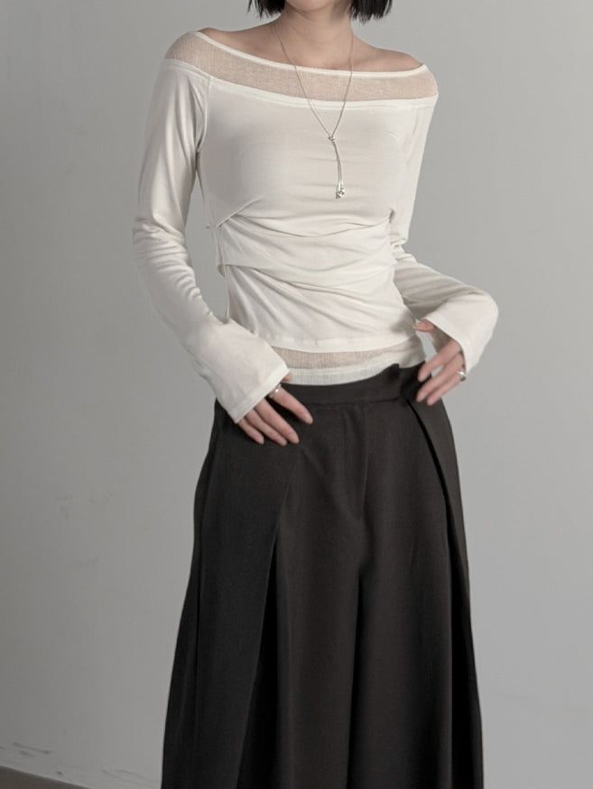 Ribbed Color Matching Layered Pintuck Boat Neck Tee