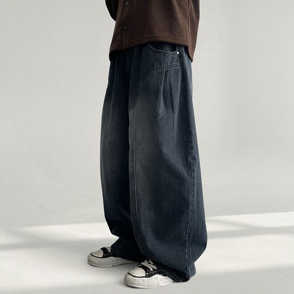 Dart Waistband Pintuck Curve Denim Wide Pants (2 colors)