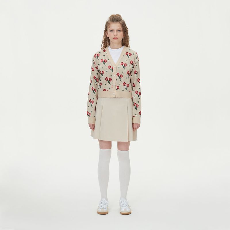 FLOWER JAQUARD KNIT CARDIGAN_BEIGE