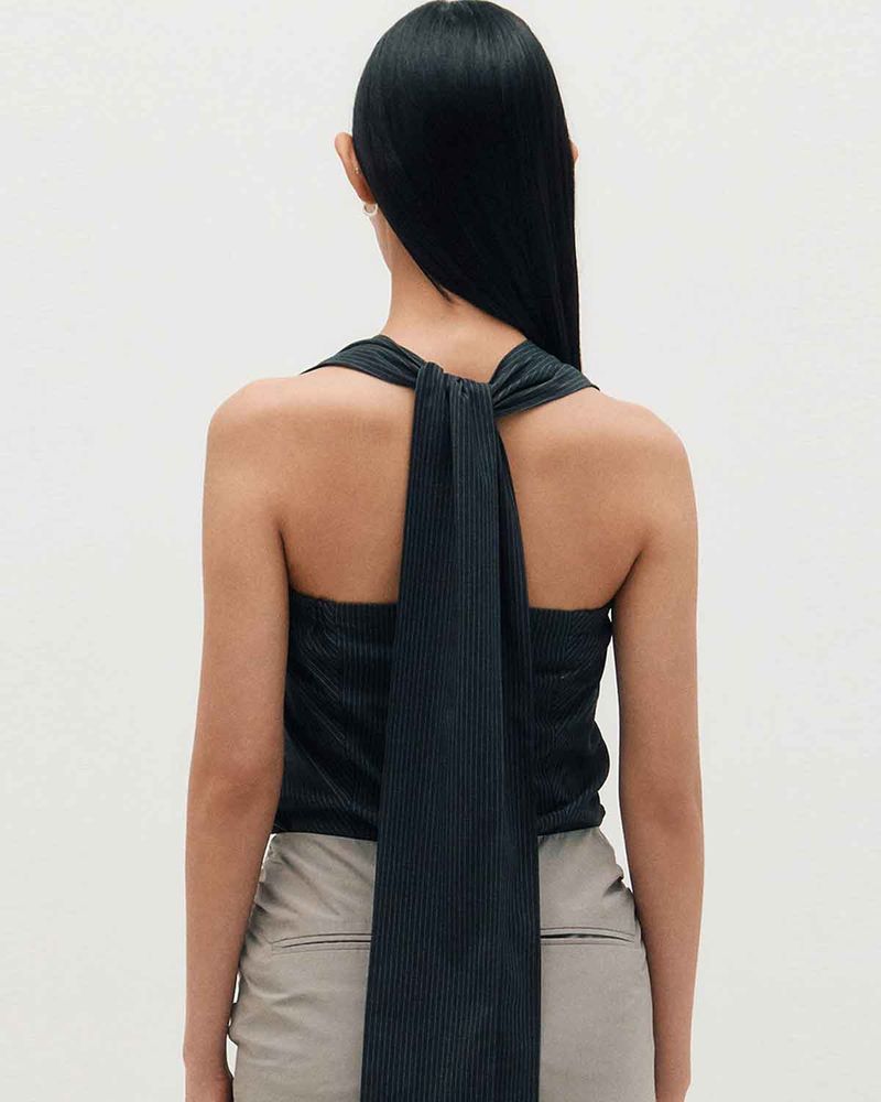 Wide Tie Stripe Halter Top _ BLACK