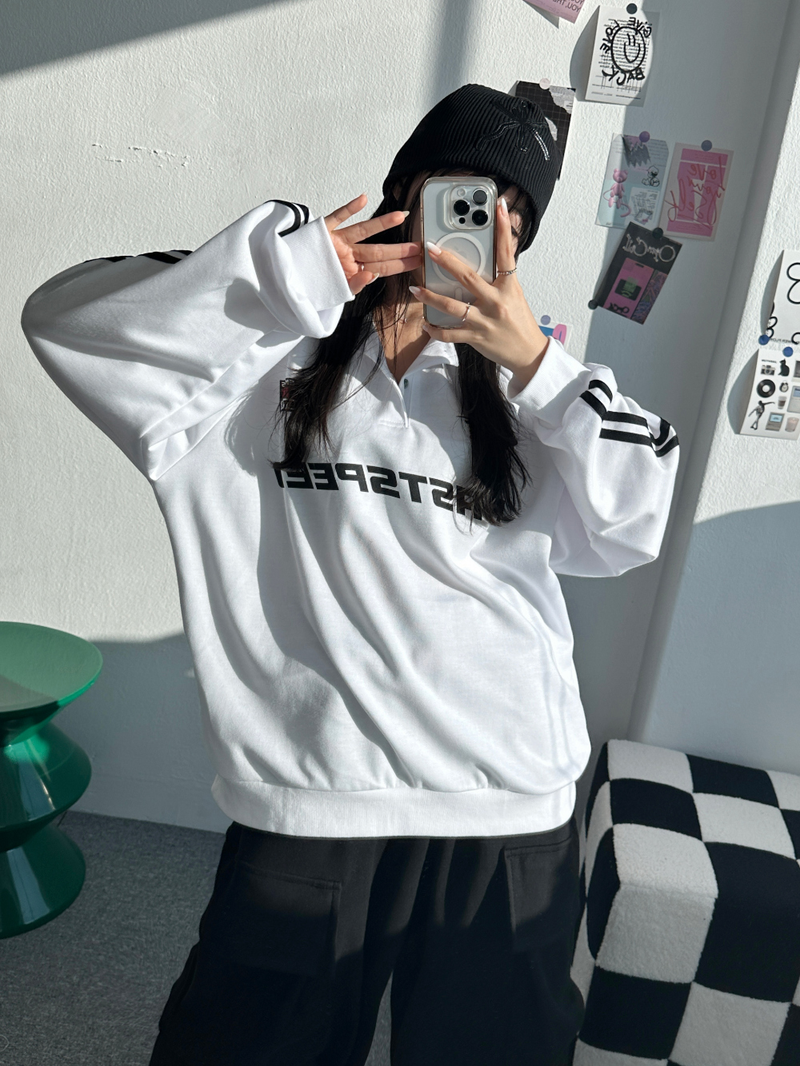 RAGLAN THREE-STRIPE COLLAR SWEATSHIRT🖤🩶🤍 - 3 COLORS