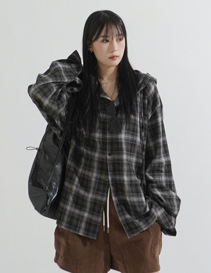 Retro flannel check hood shirt