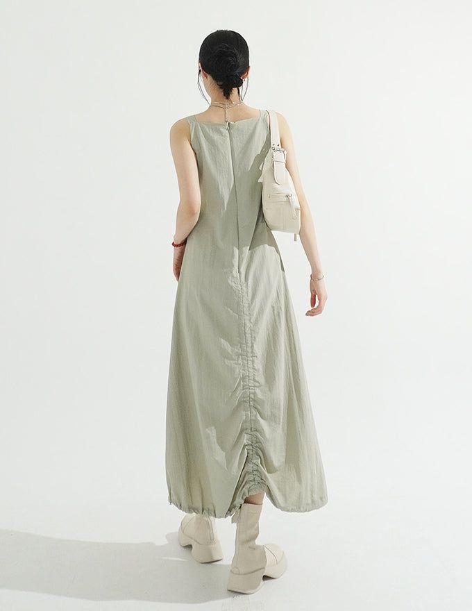 String Shirring Balloon Long Dress