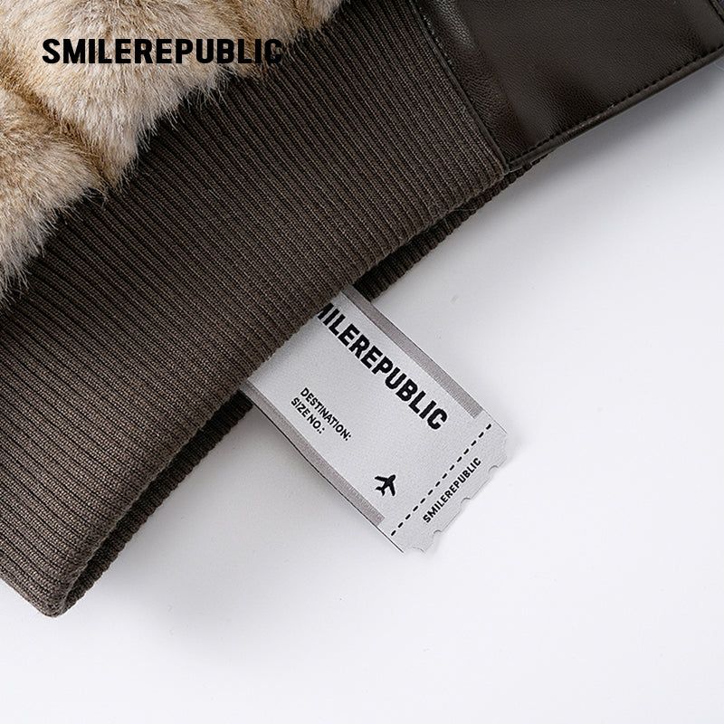 Khaki Polyester Faux Fur Hooded Full Zip Jacket with Graphic Lettering and PU Coated Trim