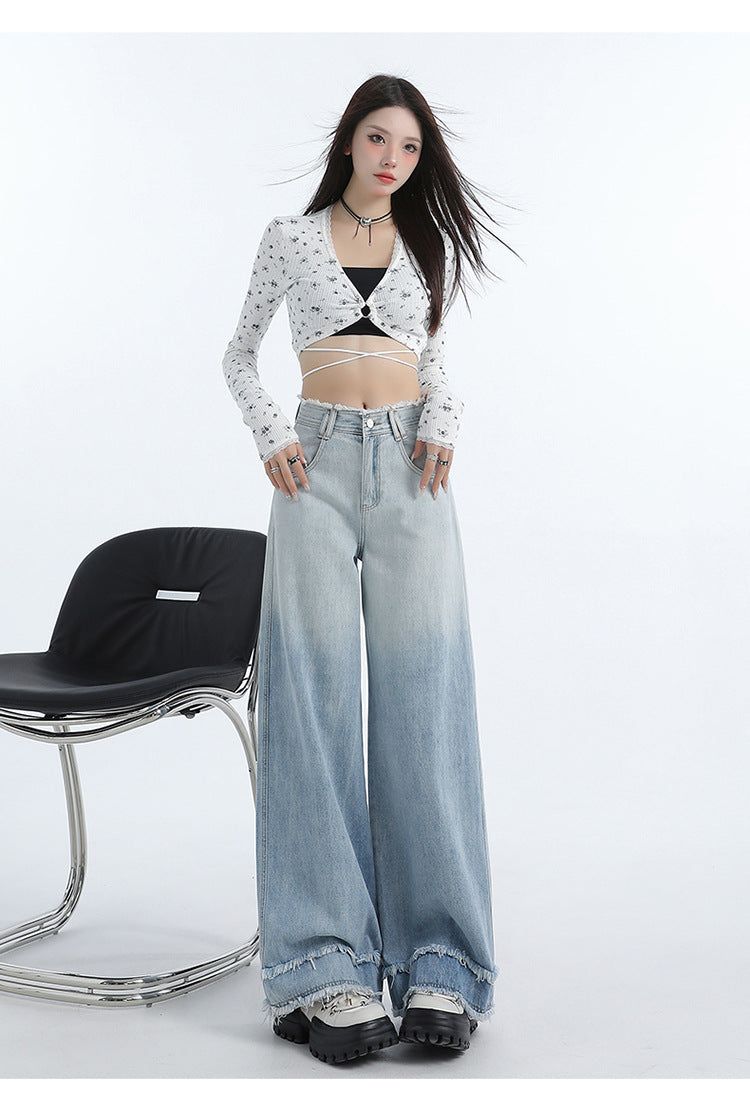 Gradient Blue Raw-Edge Wide-Leg Denim Pants