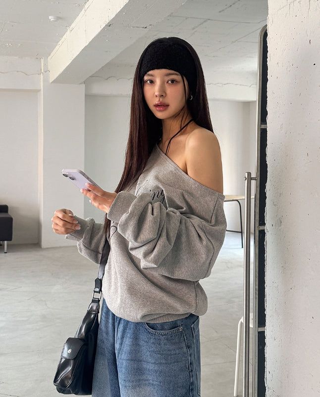Rainy Lettering Off-Shoulder Sweatshirt