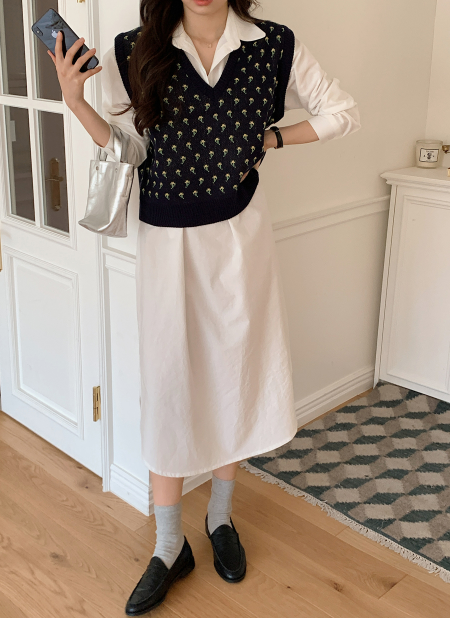 Pure Daily Cotton Shirt Long Dress + String Set (4color)