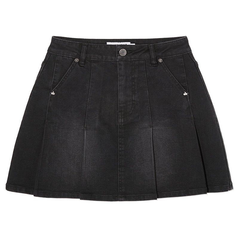 CHERRY DENIM PLEATS MINI SKIRT [BLACK]