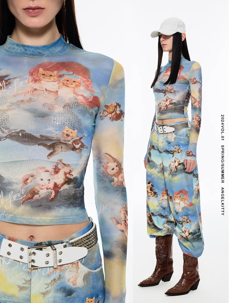 IN STOCK ♱ Angel kitten printed mesh crop top