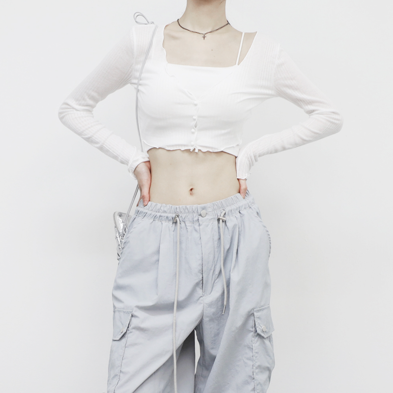 neck cropped ribbed cardigan