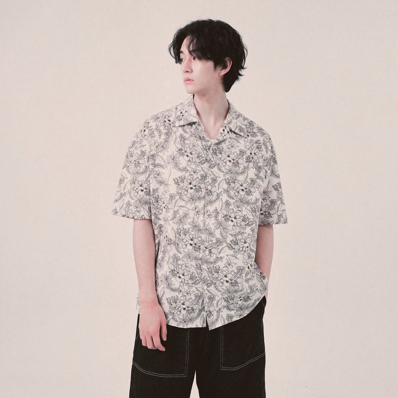 botanical drawing open collar shirt_ivory