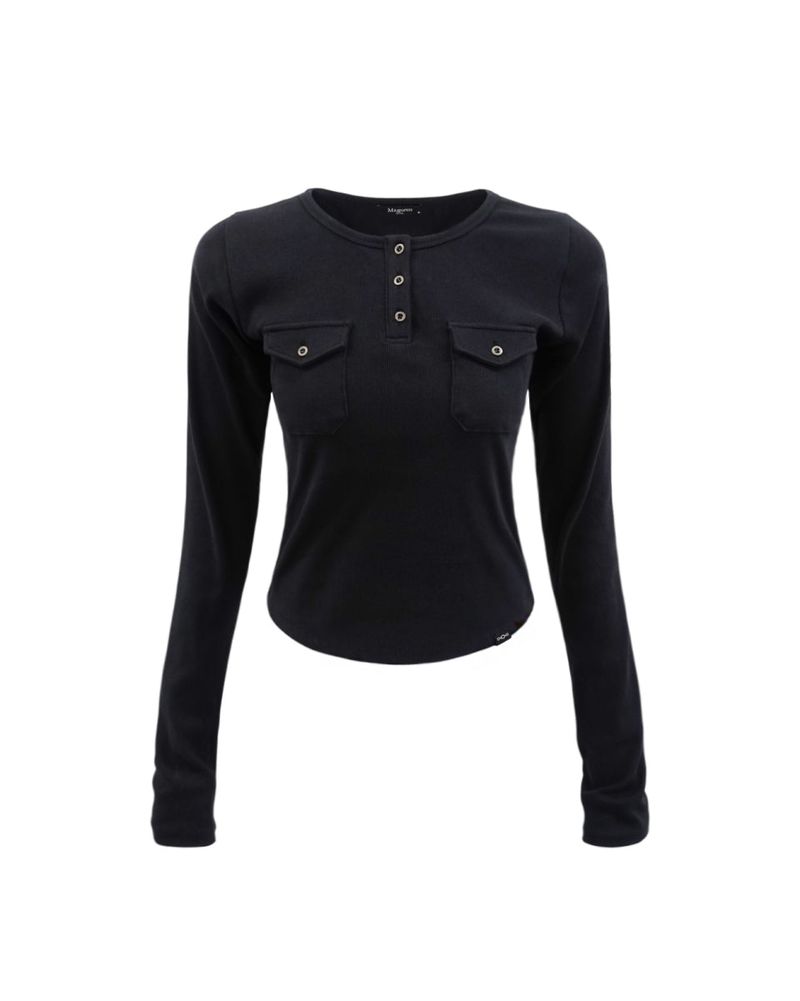 Pocket Henley Neck Ribbed Long Sleeve Black