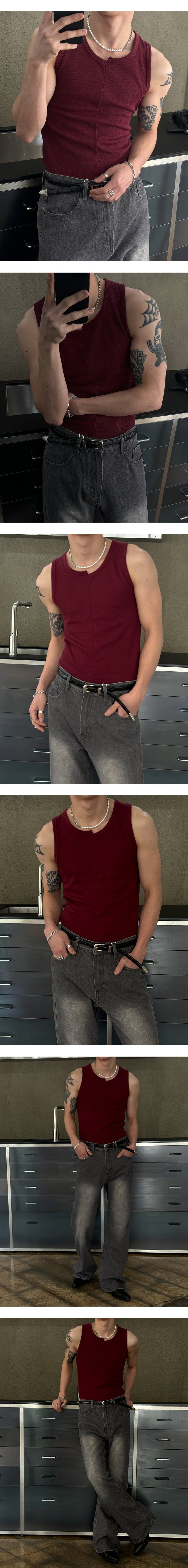 [MUSCLE FIT] アンバランススリットスリーブレス(4color)