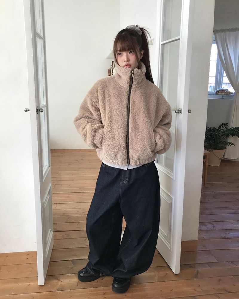 Deuren Quilted Fur Color-Block Zip-Up Jumper