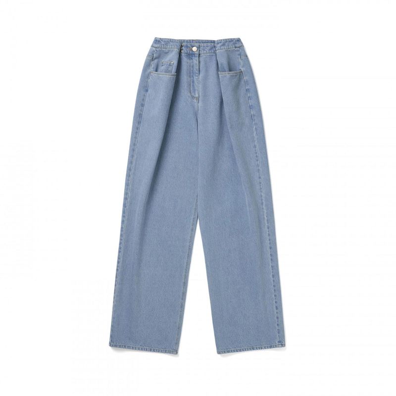 BUCKLE PIN TUCK DENIM WIDE PANTS