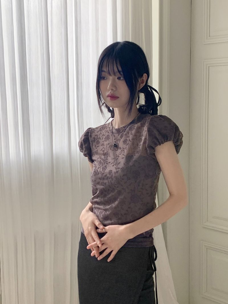 Pere See-Through Flower Puff Short-Sleeved T-Shirt