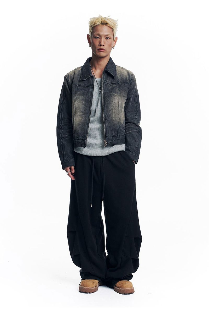 Washed Crop Track Denim Jacket - Black